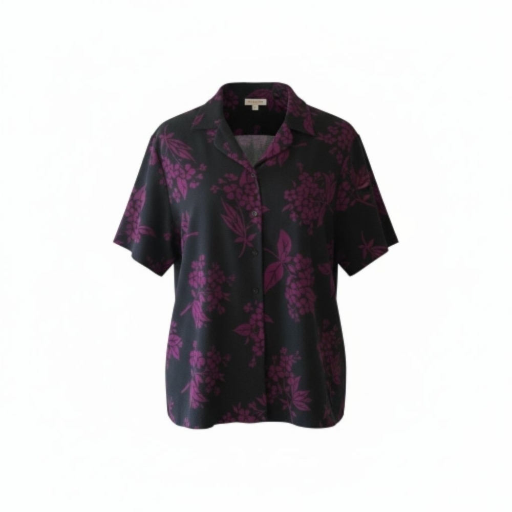90s Liz Baker Floral Button-Up Black and Purple Short Sleeve Top Women's 16